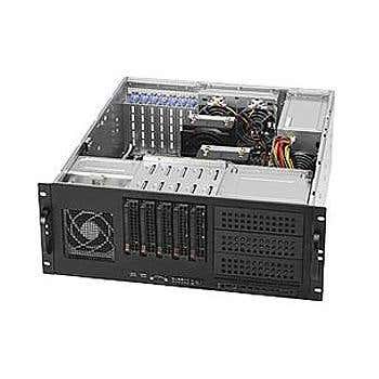 Front view of a 4U rackmount server chassis with five 3.5‑inch hot‑swap drive bays, multiple front access bays, front ventilation grille, and status LED indicators